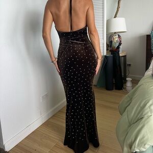 Delfi Collective Elegant Rich Brown Velvet Halter Dress with Rhinestone Accents